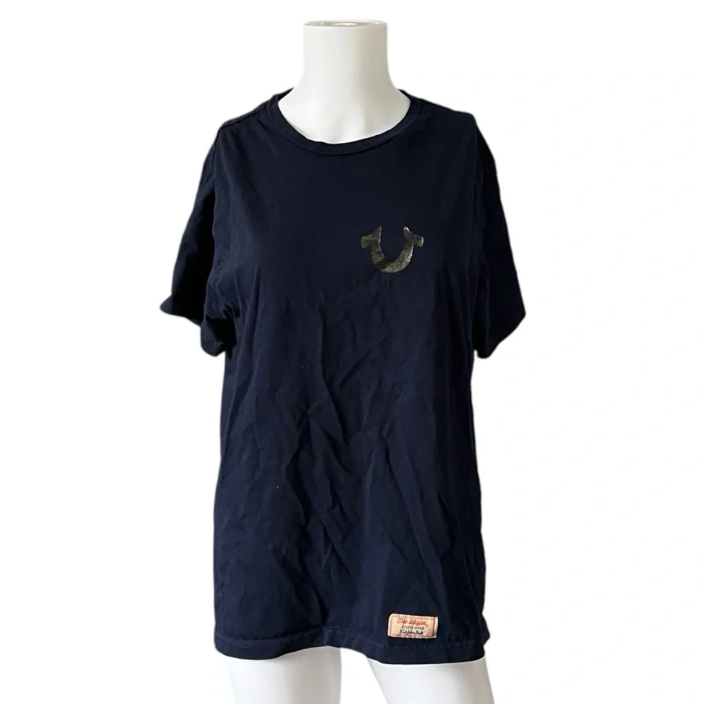 True Religion Navy Blue Graphic T-Shirt short Sleeve Casual Cotton Size Large L